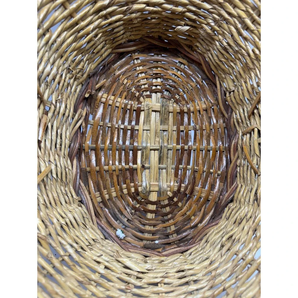Vintage Wicker Boat Basket Woven Wood Handle Diamond Side Panels Brown Tan